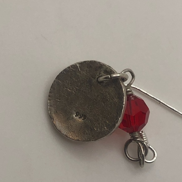 Sterling & 999 Flower Petal Coin Silver Red Crystal Dangle Hook Earrings 1.6” - Picture 4 of 5